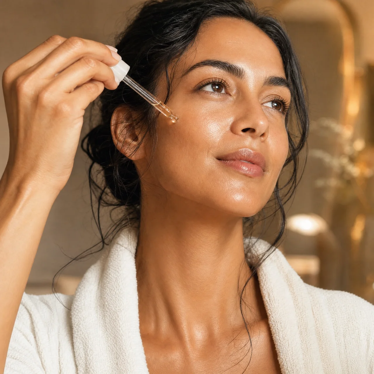 Woman applying a drop of LARITZA serum to her cheek